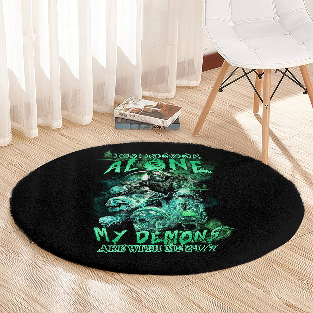 Round black carpet with green skull reaper illustration and slogan text