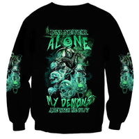 Black crewneck sweatshirt with teal back skull reaper graphic and text "I'M NEVER ALONE"