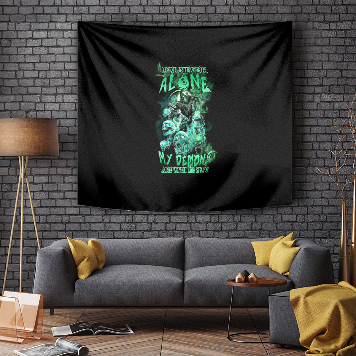 Black tapestry with teal-green skull reaper and glowing lettering, centered