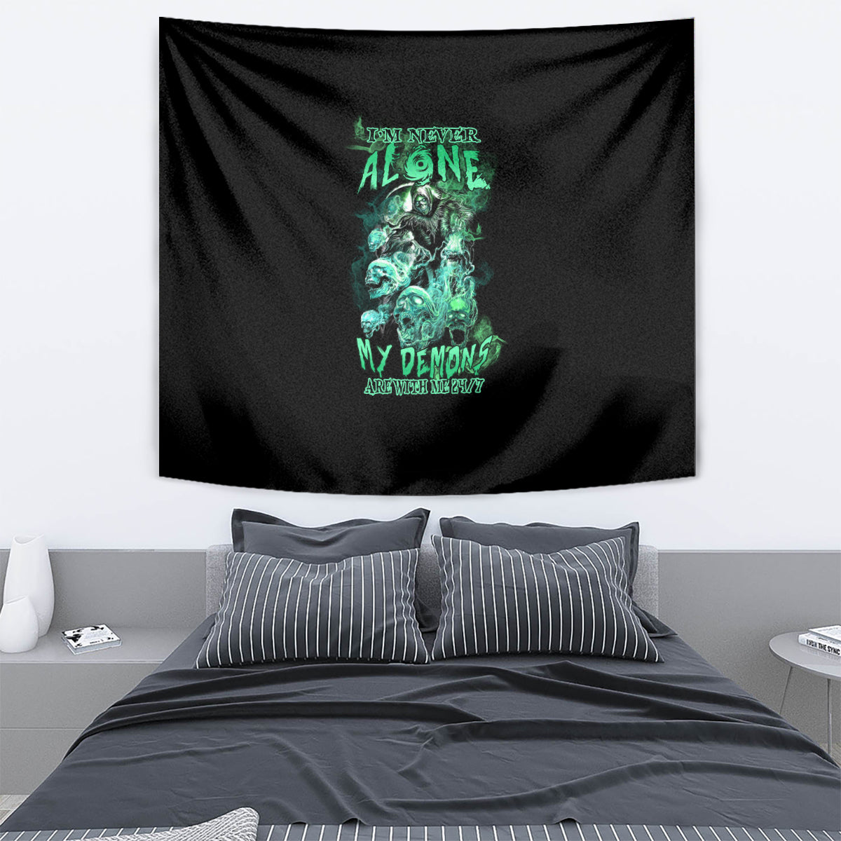 Black wall tapestry with teal-green skull reaper graphic and stacked neon text