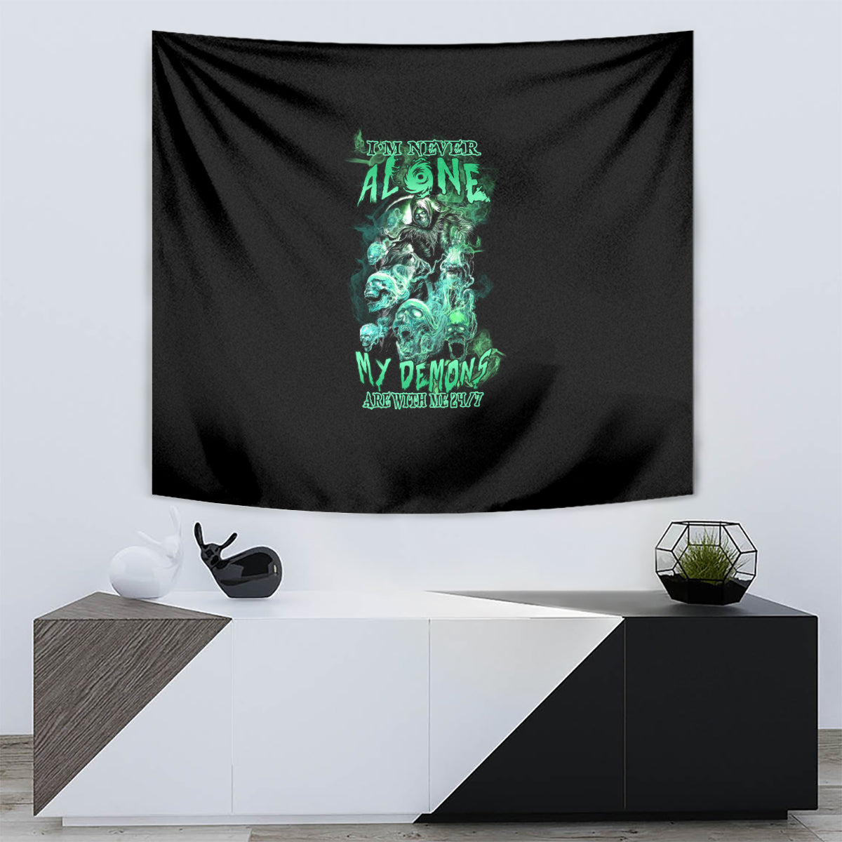 Black tapestry with teal-green skull reaper and neon slogan text, wall-hung