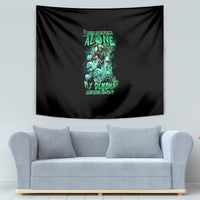 Black tapestry featuring teal-green skull reaper art and neon lettering, centered