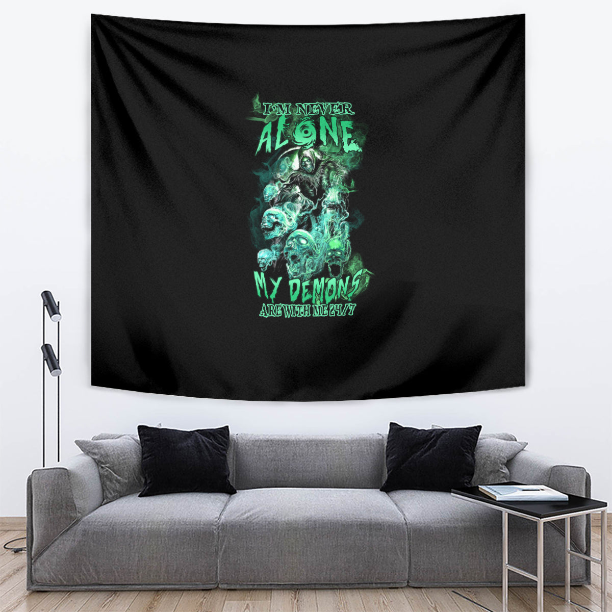 Black tapestry with teal-green skull reaper graphic and neon text accents
