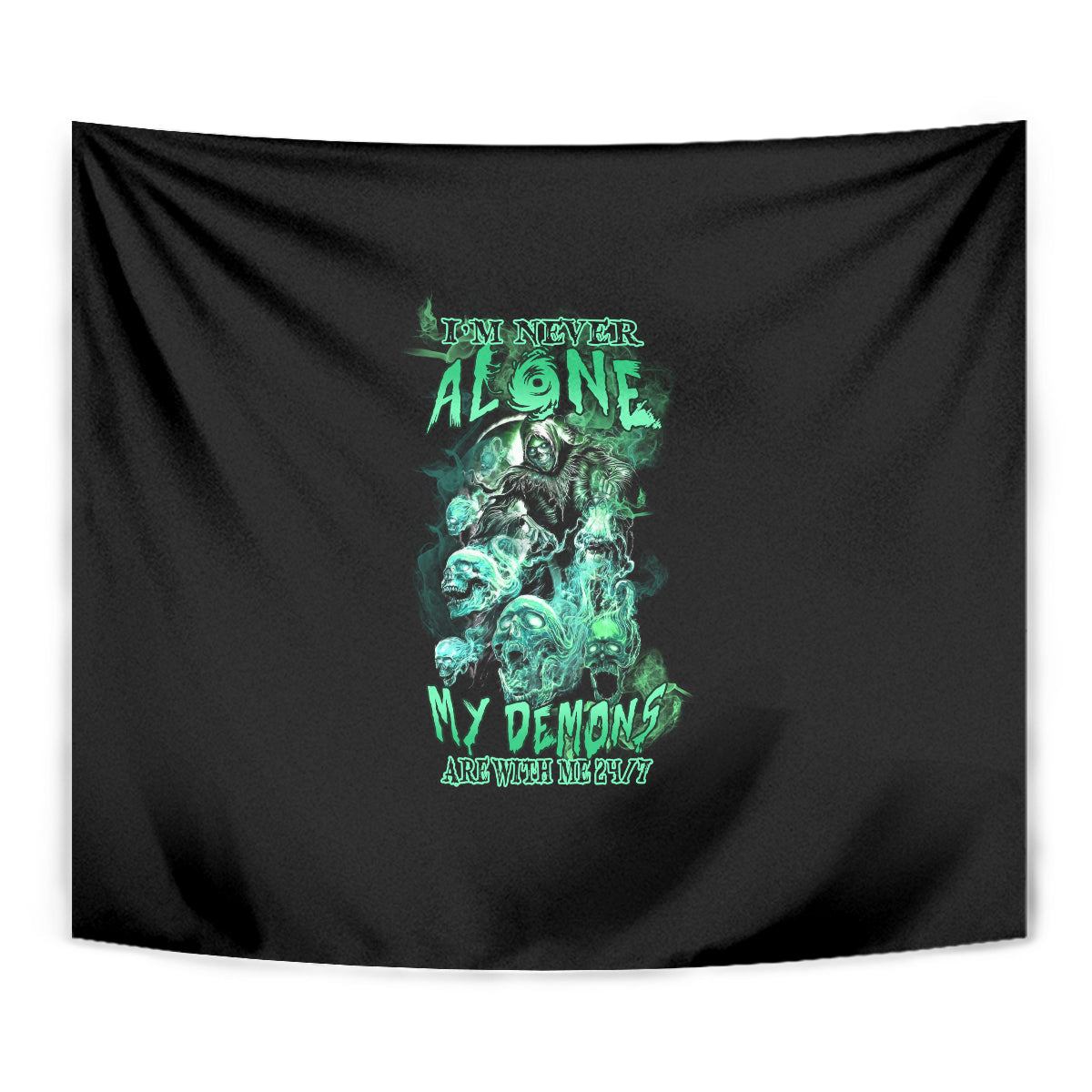Black close-up tapestry with teal-green skull reaper artwork and glowing lettering