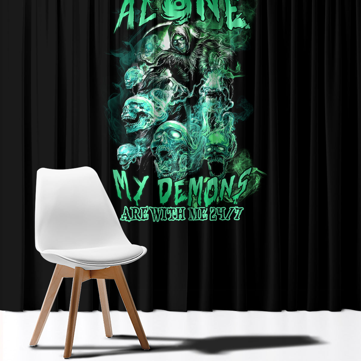 Black window curtain with green skull reaper graphic and dark text lettering panels