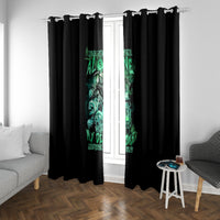 Black window curtains with green skull reaper graphic and dark lettered accents