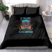 Black bedding set with colorful skull graphic and matching pillow covers