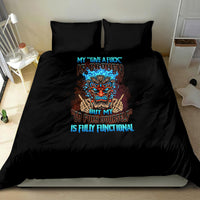 Black duvet bedding set with colorful skull graphic and two pillow shams