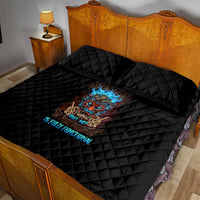 Black quilt bed set with tiki skull artwork on quilt and two quilted pillows