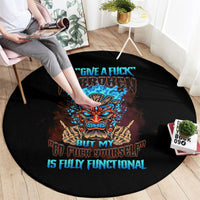 Black round carpet with colorful tiki skull graphic and slogan