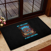 Black rubber doormat with tiki skull artwork and 'fully functional' text