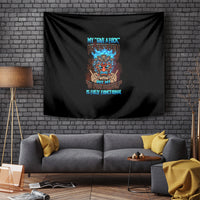 Black tiki skull tapestry with colorful central face graphic and stylized lettering