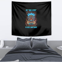 Black skull graphic tapestry with centered multicolor tiki face artwork, wall hanging