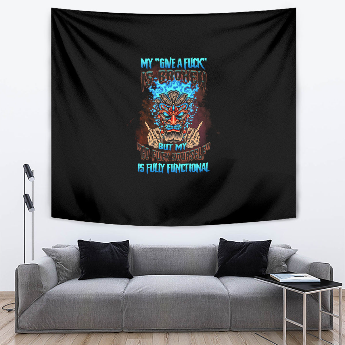 Black tiki skull tapestry with bold multicolor central face graphic and lettering