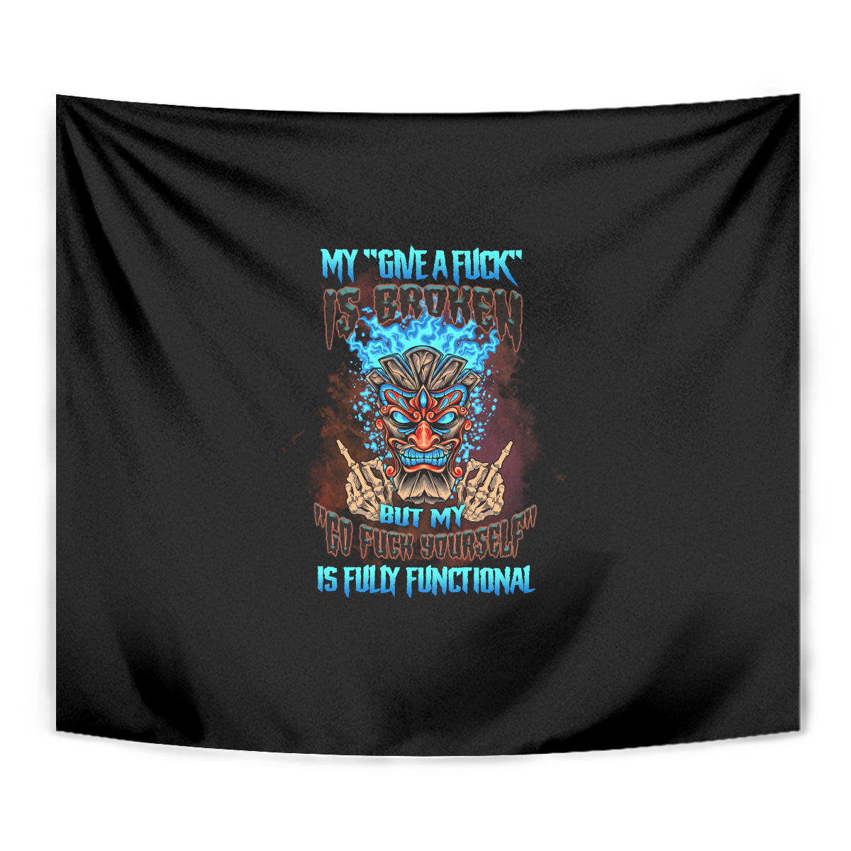 Black close-up tapestry showing centered multicolor tiki skull face artwork