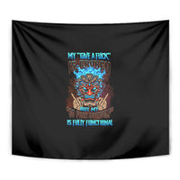 Black close-up tapestry showing centered multicolor tiki skull face artwork