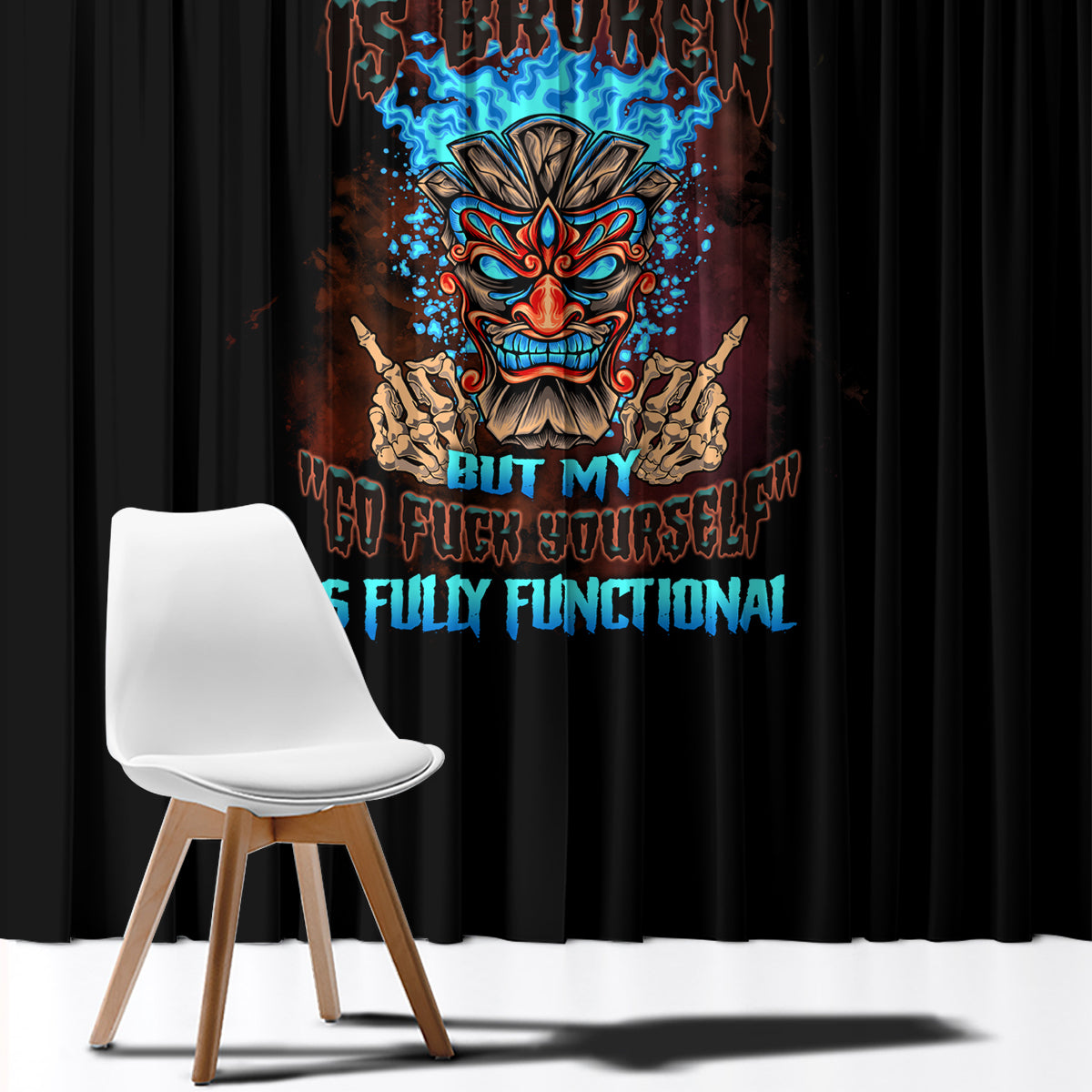 Black window curtain panel with multicolor tiki skull graphic and vivid blue lettering.