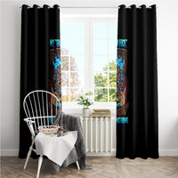 Black rod-hung window curtain panels with multicolor tiki skull artwork and blue text.