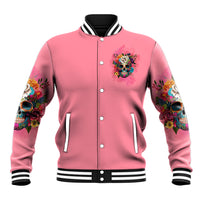 Pink varsity baseball jacket with colorful skull floral graphic, button front, striped rib trim