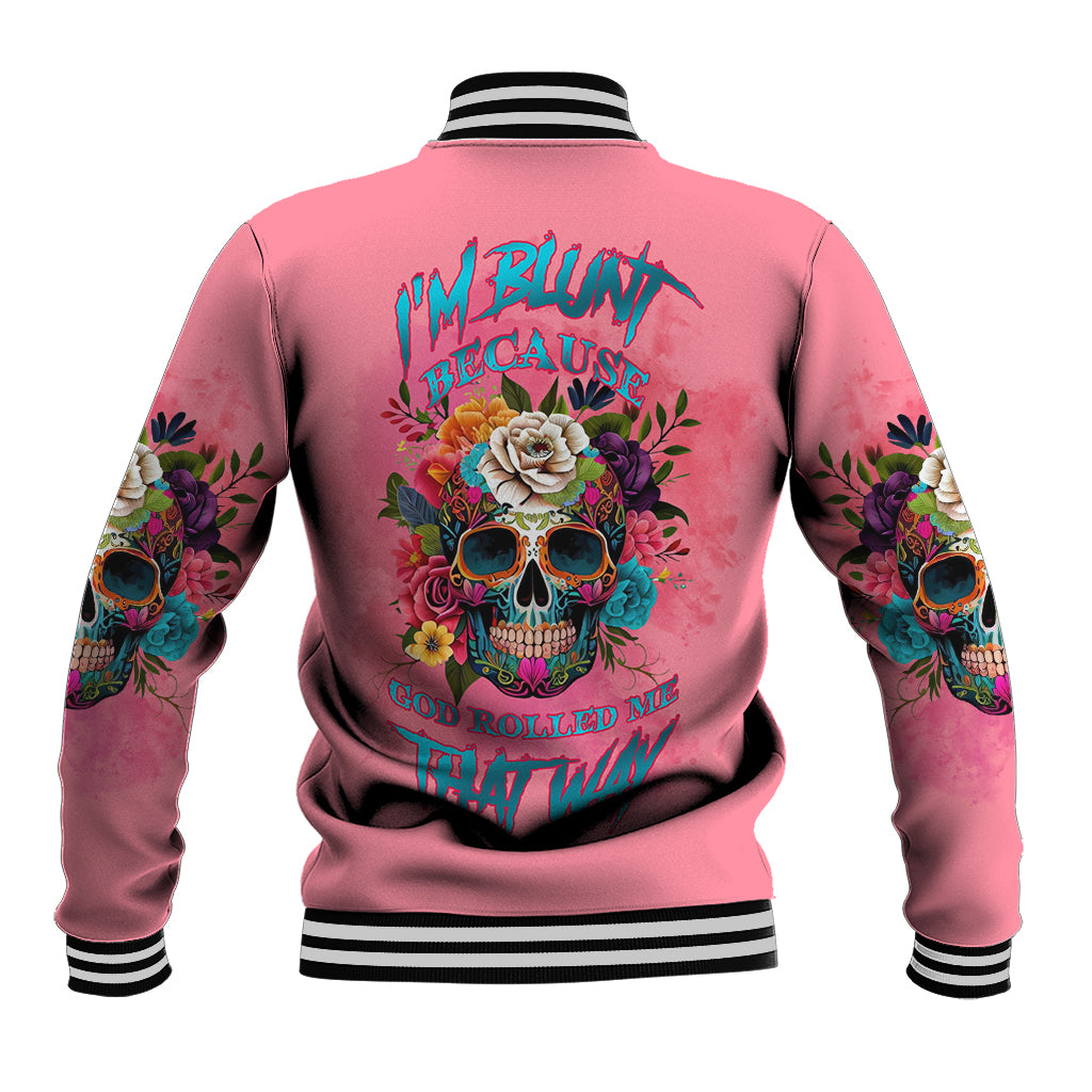 Pink varsity jacket with colorful back graphic skull roses text, striped rib cuffs and hem