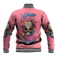 Pink varsity jacket with colorful back graphic skull roses text, striped rib cuffs and hem