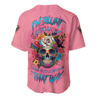 Pink back baseball jersey with large floral skull graphic and colorful text design.