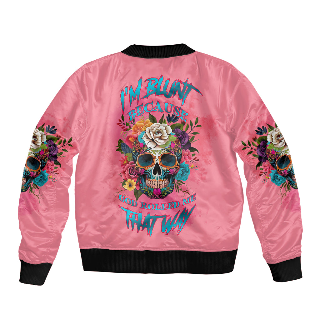 Pink bomber jacket with black ribbed trim, large back skull and rose multicolor graphic