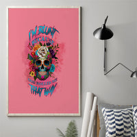 Canvas wall art with colorful floral skull graphic on pink background, no frame.