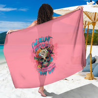 Pink sarong, back view with colorful skull graphic and text