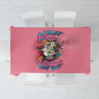 Pink rectangular tablecloth featuring a central multicolor floral quote design.