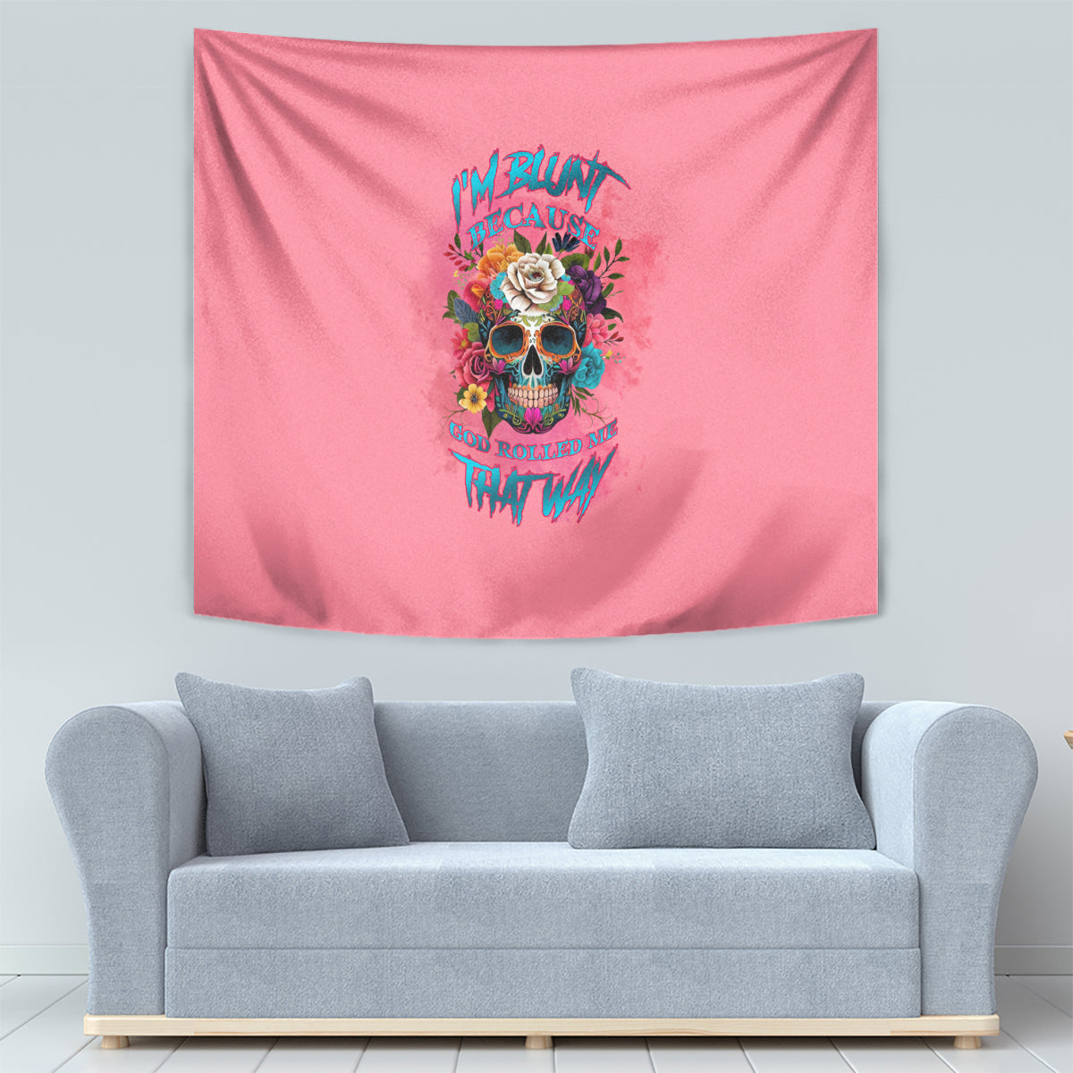 Pink tapestry with central skull, rose bouquet, and multicolor text