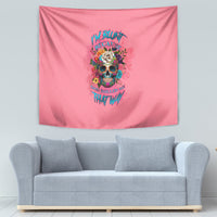 Pink tapestry with central skull, rose bouquet, and multicolor text