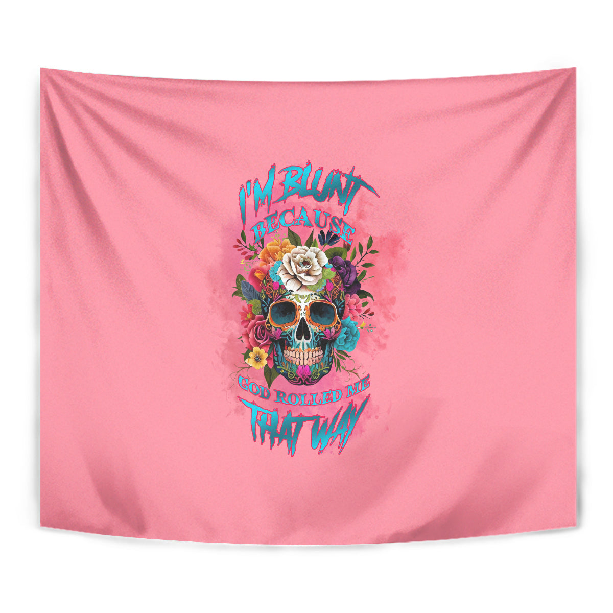 Pink tapestry featuring a centered skull with rose wreath and vibrant text