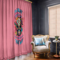 Pink window curtain panel with colorful skull, roses, and bold text graphic