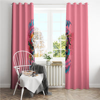Pink grommet-style window curtains with colorful skull and flower print