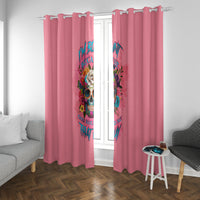 Pink window curtains with colorful skull graphic and floral accents, rod top