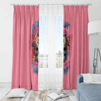 Pink window curtain pair with colorful skull and floral print, hung on metal rod