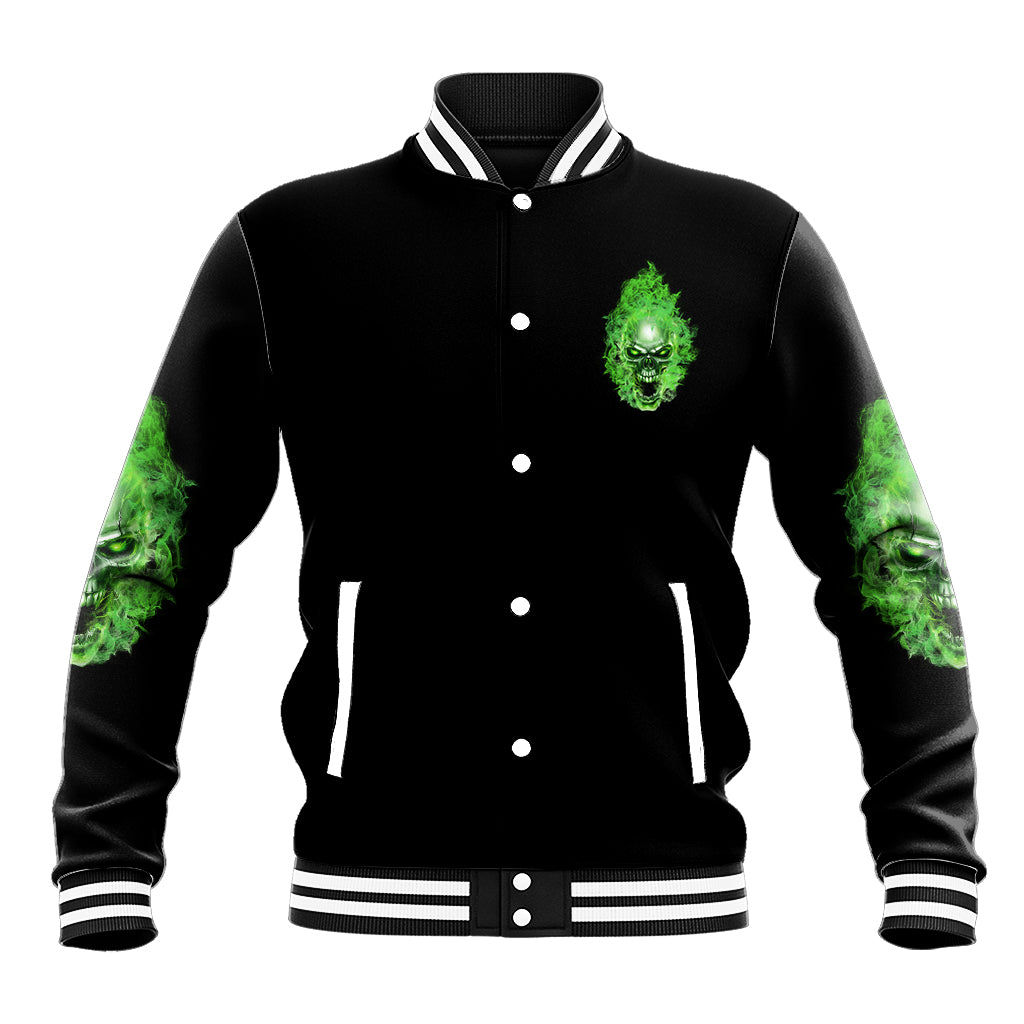 Black baseball jacket with green skull face graphic, button front, striped ribbed collar