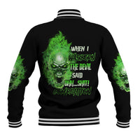 Black baseball jacket with large green skull graphic and quote text on back, striped cuffs