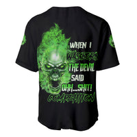 Black baseball jersey with large green skull back print and slogan text