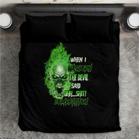 Black duvet cover with green neon skull face and slogan; two black pillow covers