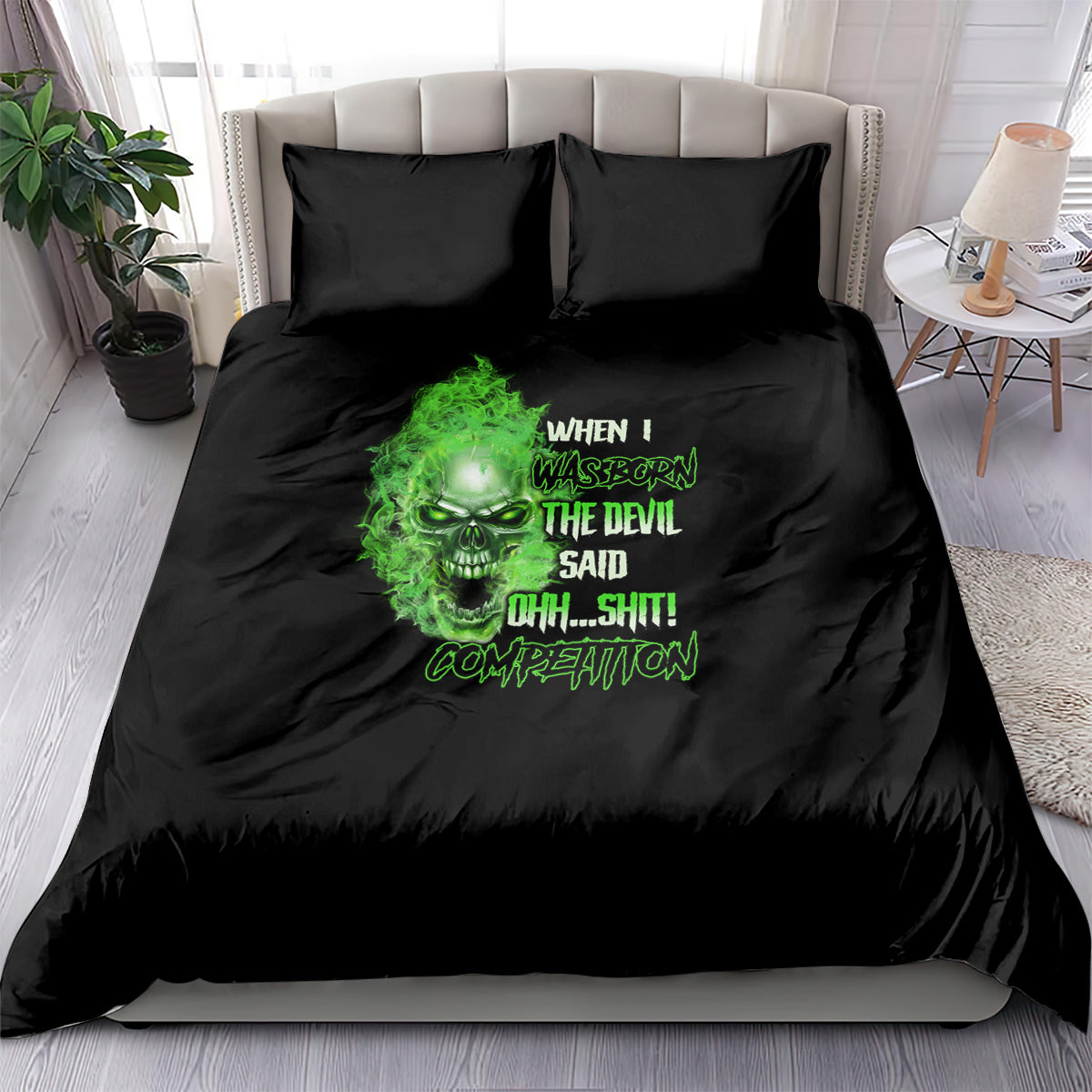 Black bedding set with green skull graphic and text on duvet; matching pillowcases