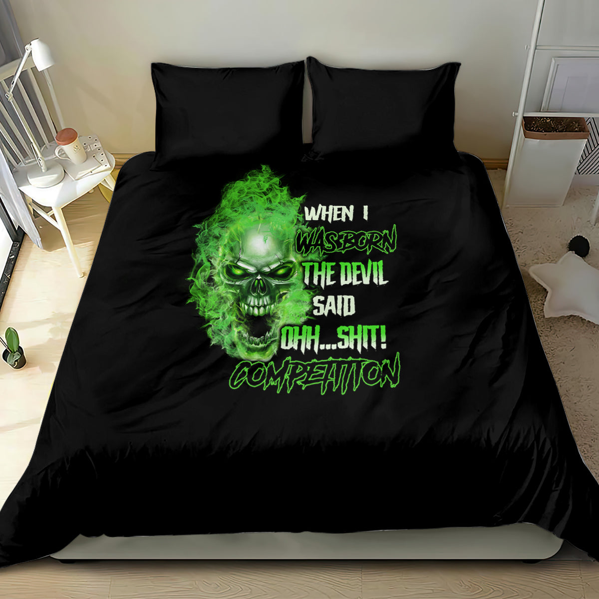 Black bedding set with green neon skull face and text on duvet and matching pillows