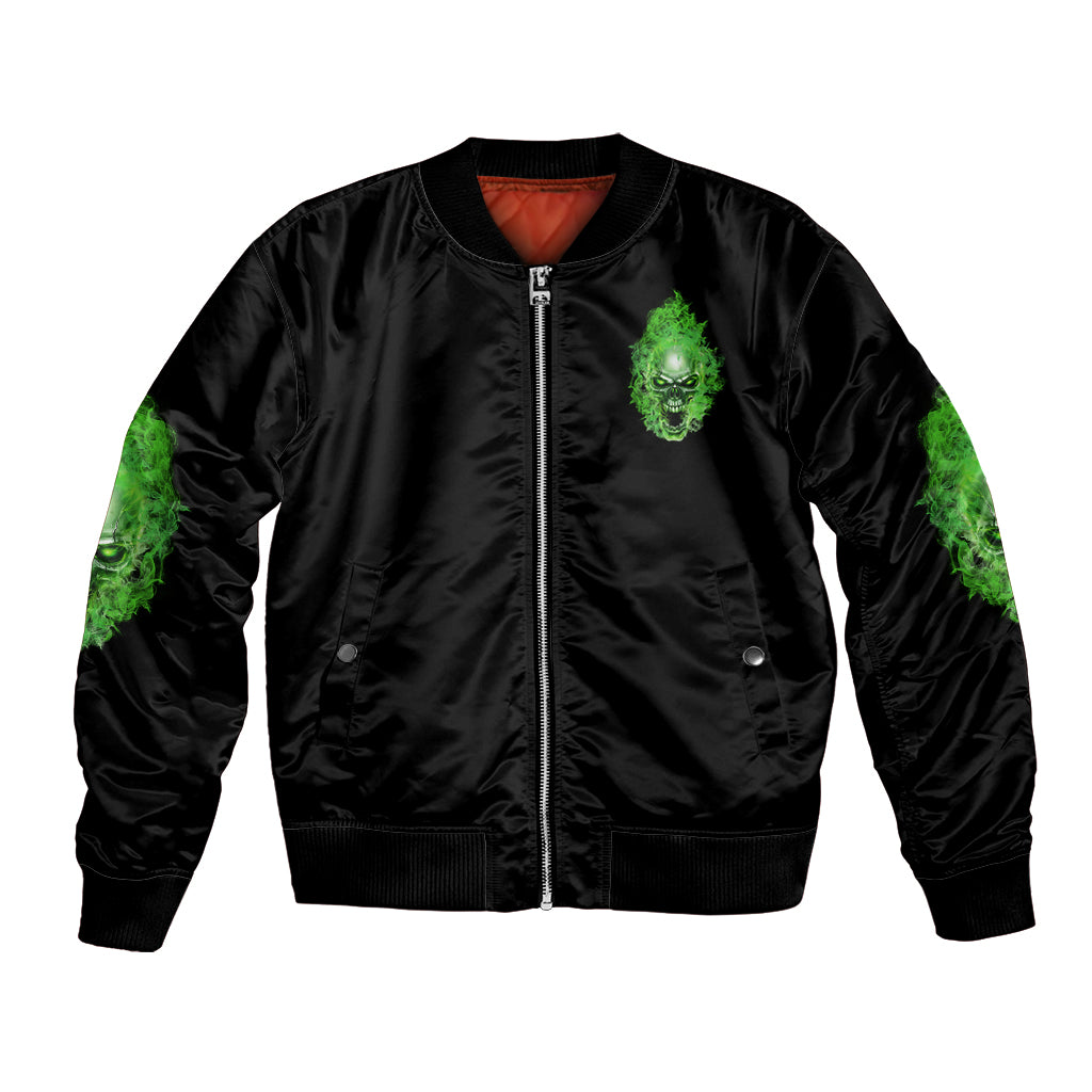 Black bomber jacket with green skull graphic and front zipper