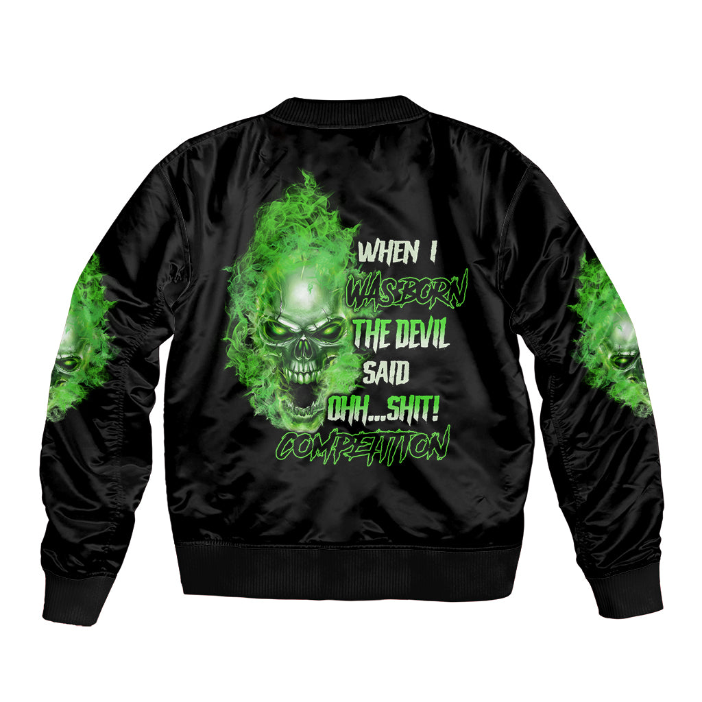Black bomber jacket with large green skull back graphic and printed text