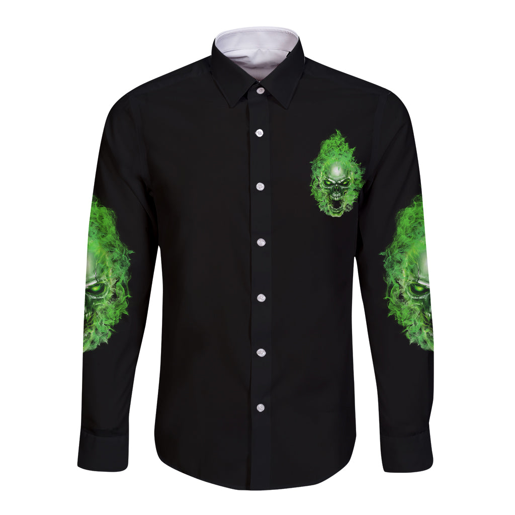 Black long-sleeve button shirt with neon green skull graphic on chest