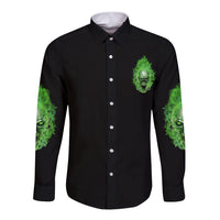 Black long-sleeve button shirt with neon green skull graphic on chest