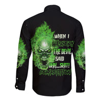 Black long-sleeve button shirt with neon green skull and text graphic on back