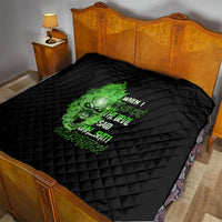 Black quilt cover with green skull print and neon-style phrase text, diamond pattern