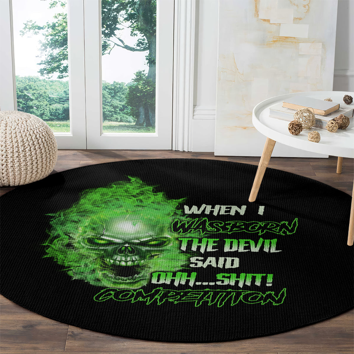 Black round carpet with green skull face and loud neon lettering on it